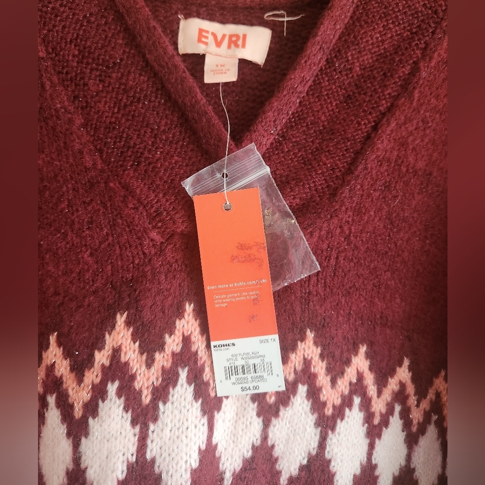 EVRI Women's V-Neck Sweater in Burgundy and White - Picture 2 of 3